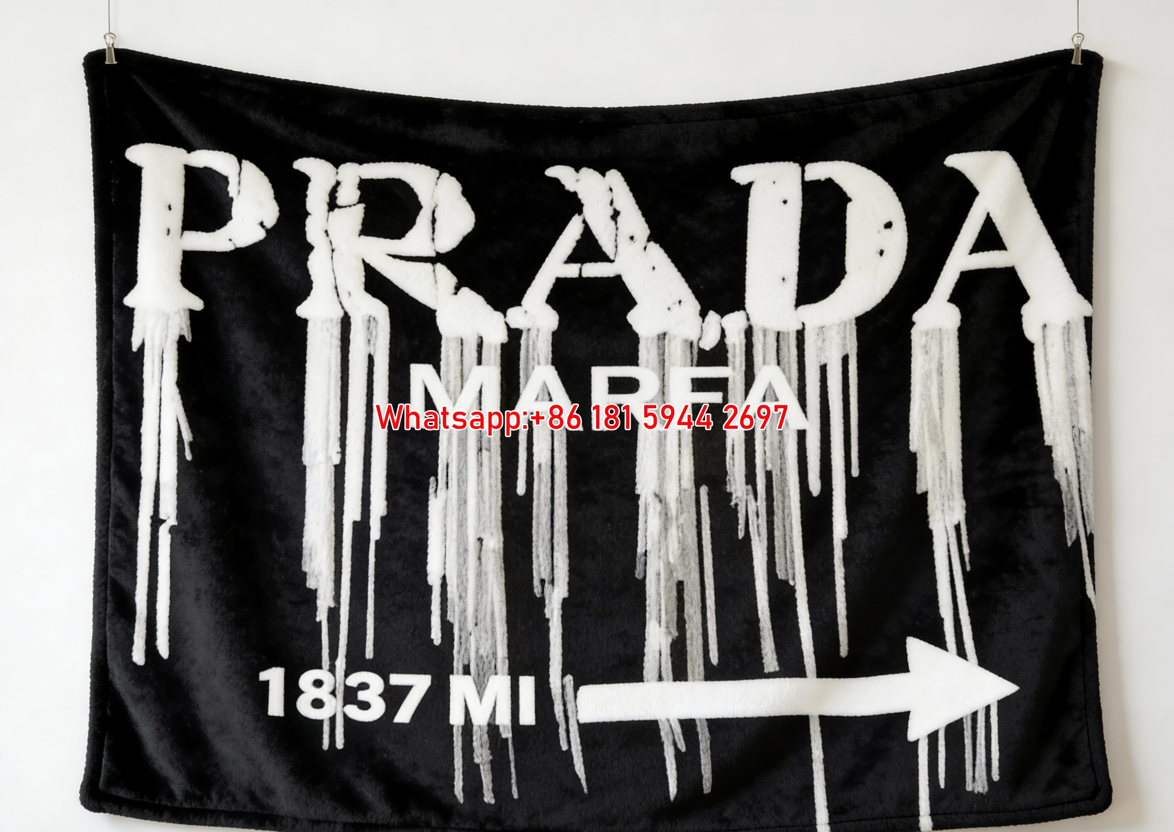 Prada Marfa White Drip Print Black Background Flannel Throw Blanket IMG_2744